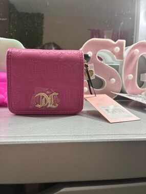 Juicy Couture Fuchsia Quilted Logo Compact Wallet with Gold Emblem